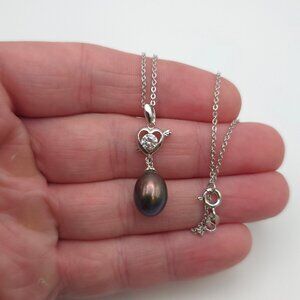 16 Inch Sterling Silver Cubic Zirconia And Genuine Pearl Necklace A540